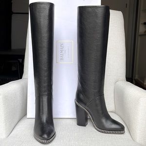 Balmain Emma Chain Trim Black Leather Knee High Boots